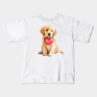 Valentine Golden Retriever Holding Heart Kids T-Shirt